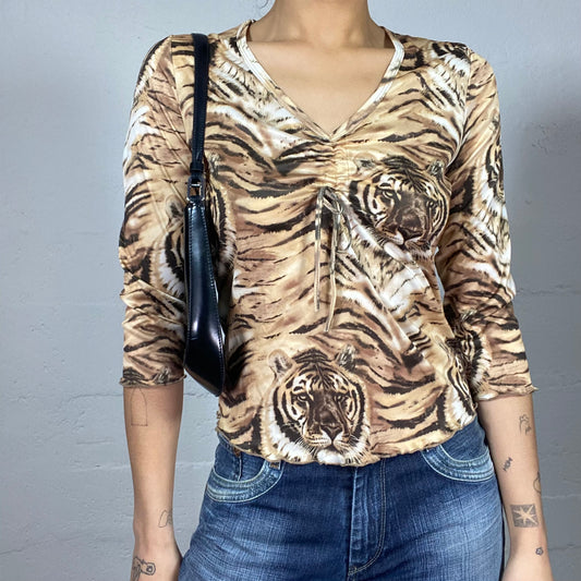 Vintage 2000's Downtown Girl Brown Longsleeve Top with Tigers Print (M)