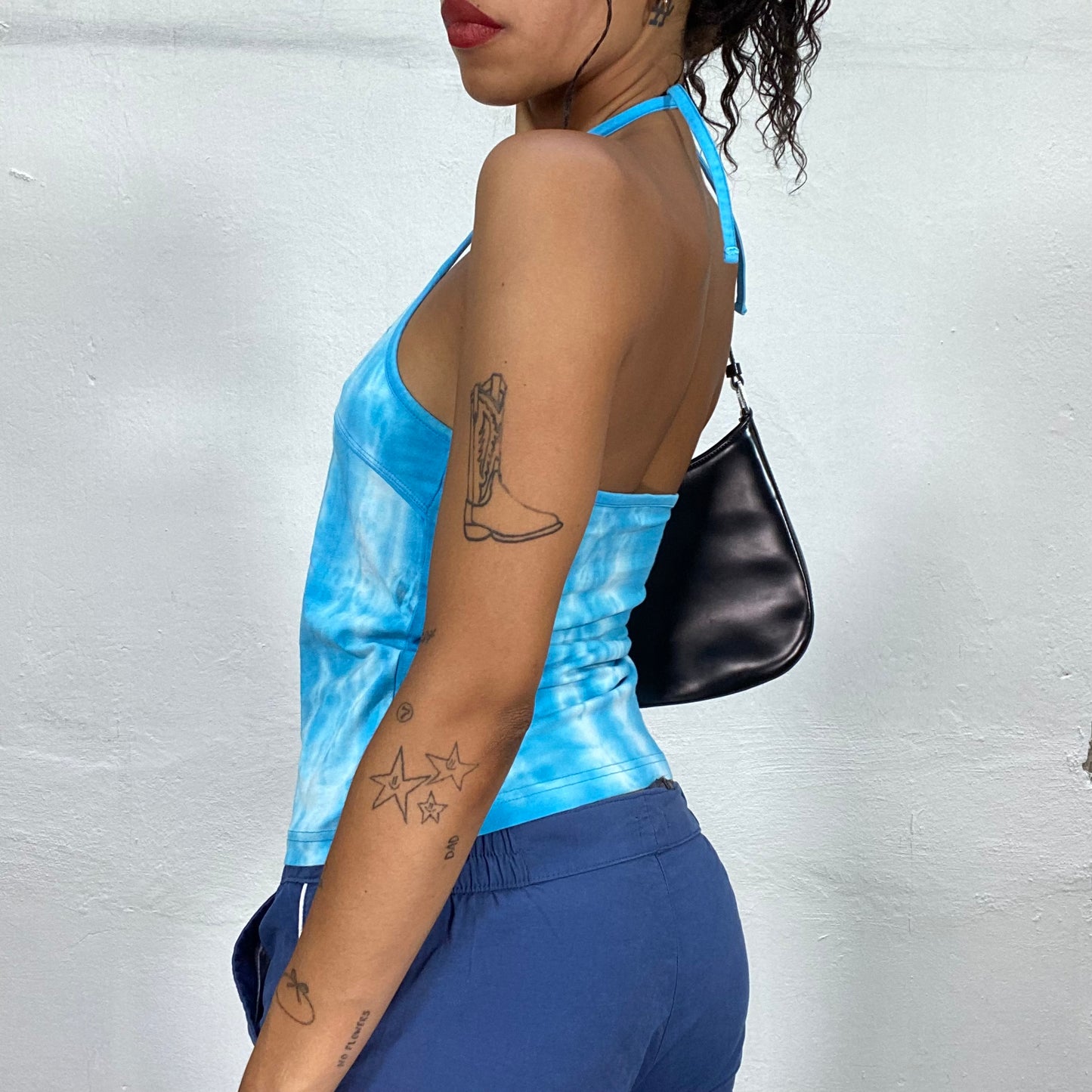 Vintage 2000's Sporty Aqua Blue Halter Top with Tie Dye Print (S)