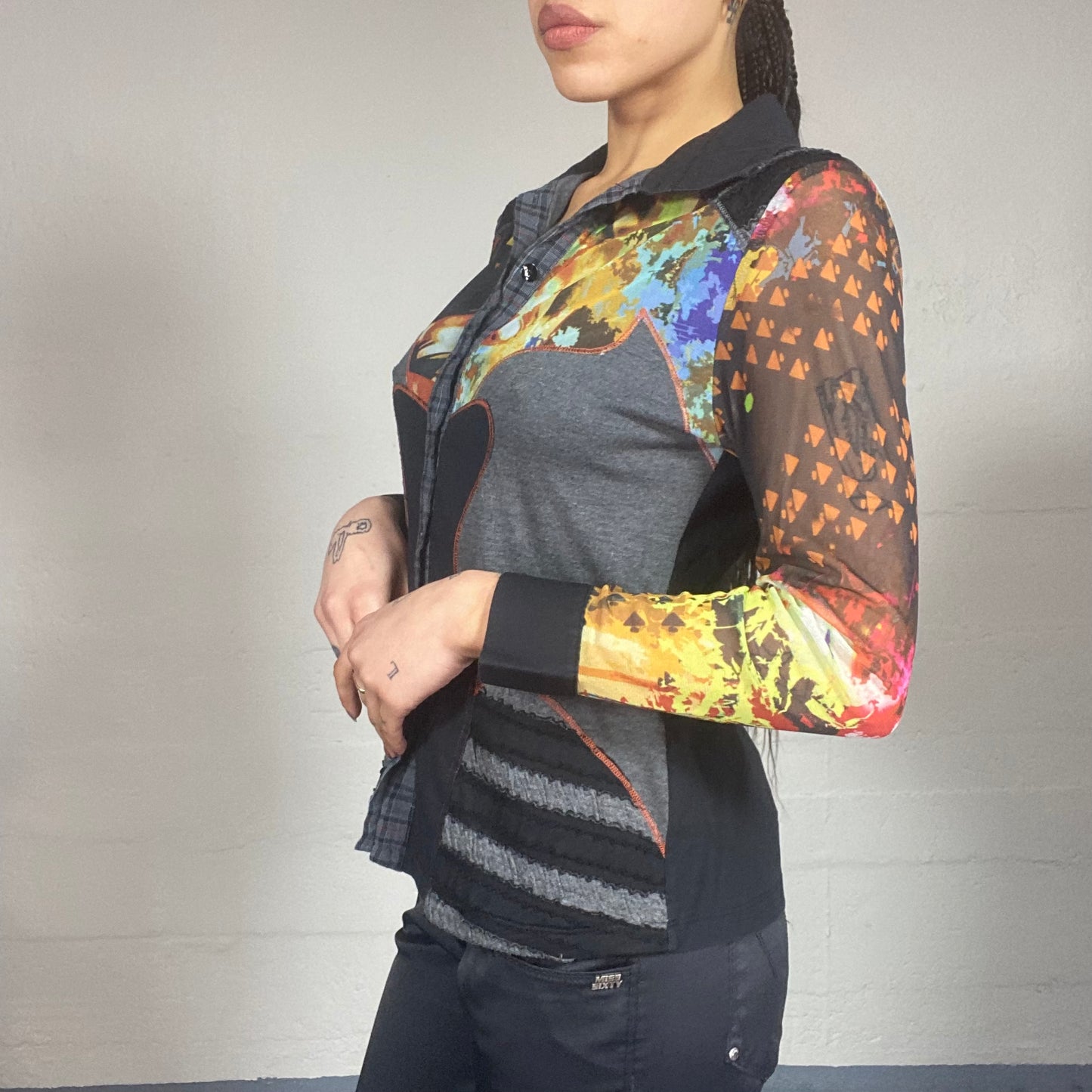 Vintage 2000's Funky Black Button Up Longlseeve Shirt with Colourful Stained Print (S/M)