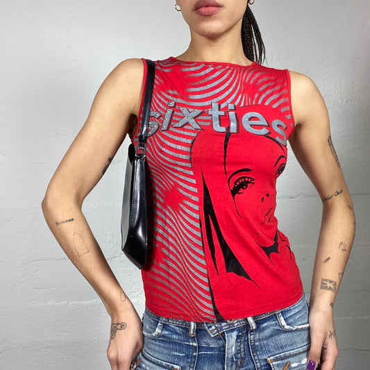 Vintage 2000's Girl Pop Red Top with "Sixties" Silver Woman Portrait Print (S)