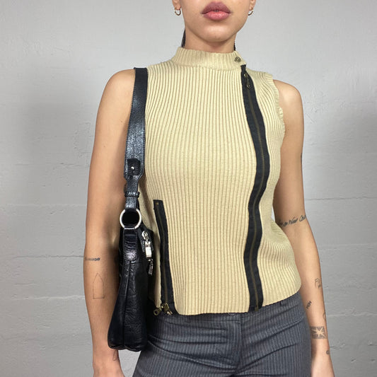 Vintage 2000's Cyber Beige Knitted Vest Top with Decorative Zips (M)