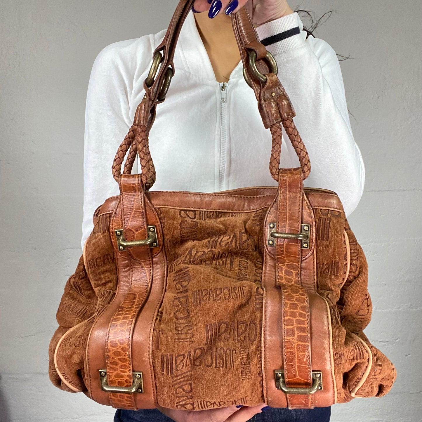 Vintage 2000's Just Cavalli Brown Maxi Leather Shoulder Bag with Monogram Brand Print