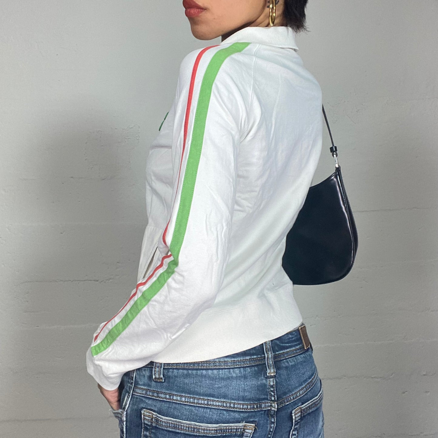Vintage 2000's Pepe Jeans White Zip Up Jacket with Pink and Green Trim Detail (S/M)