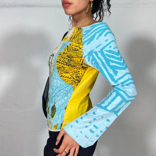 Vintage 90's Phoebe Buffay-Inspired Blue and Yellow Giraffe Print Longsleeve Top (S/M)