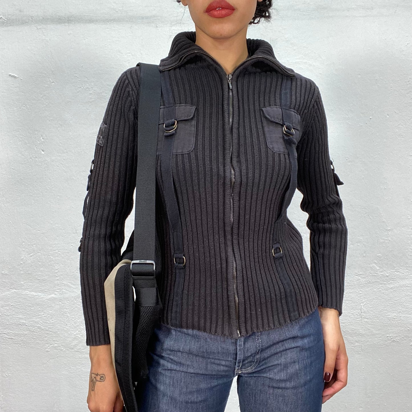 Vintage 90's Classic Washed Dark Grey Oversized Sweater with Pocket Details (S/M)