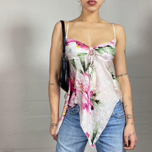 Vintage 2000's Totally Spies White Satin Blouse Top with Deconstructed Cut and Pink Floral Print (S)