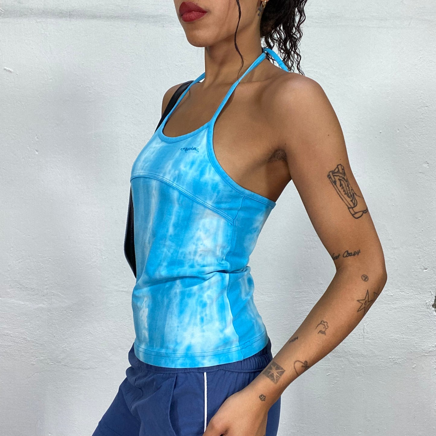 Vintage 2000's Sporty Aqua Blue Halter Top with Tie Dye Print (S)