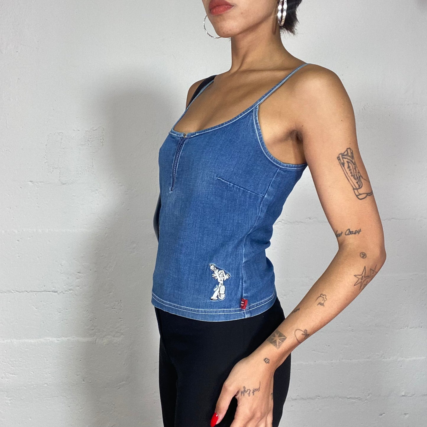 Vintage 90's Hippie Denim Top with Neck Zip and Character Detail (S/M)