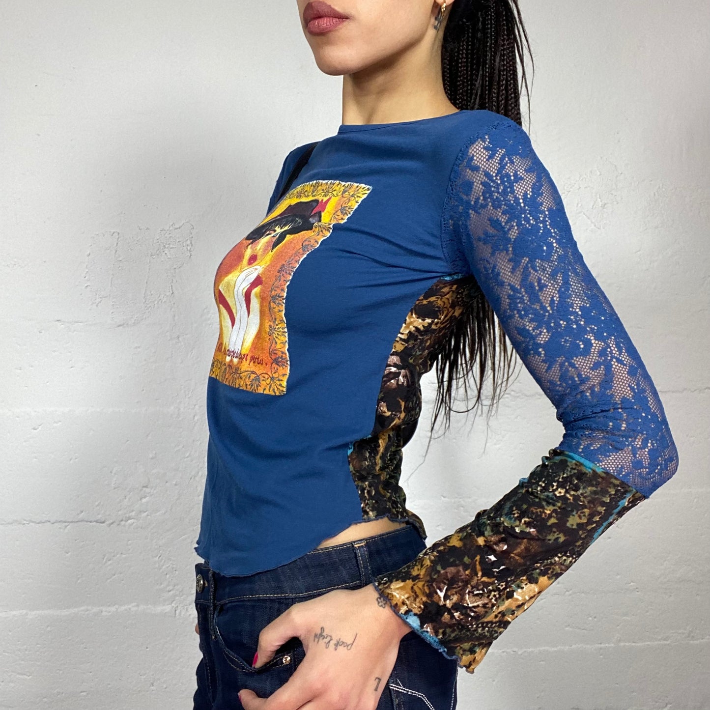 Vintage 90's Phoebe Buffay Blue See Through Lace Longsleeve Top with Girl Portrait Print Detail (S)