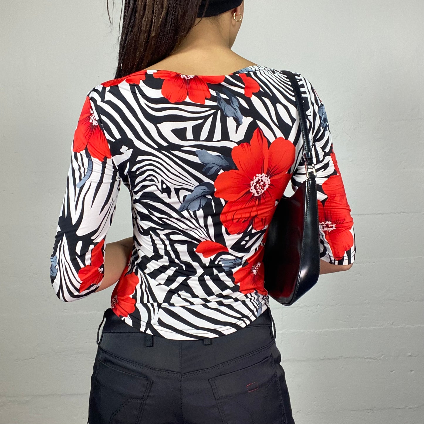 Vintage 2000's Romantic Girl White Zebra Print Top with Maxi Red Floral Print (S)