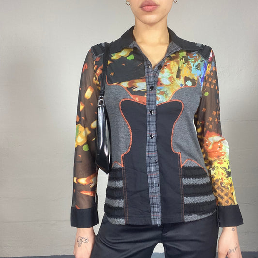 Vintage 2000's Funky Black Button Up Longlseeve Shirt with Colourful Stained Print (S/M)
