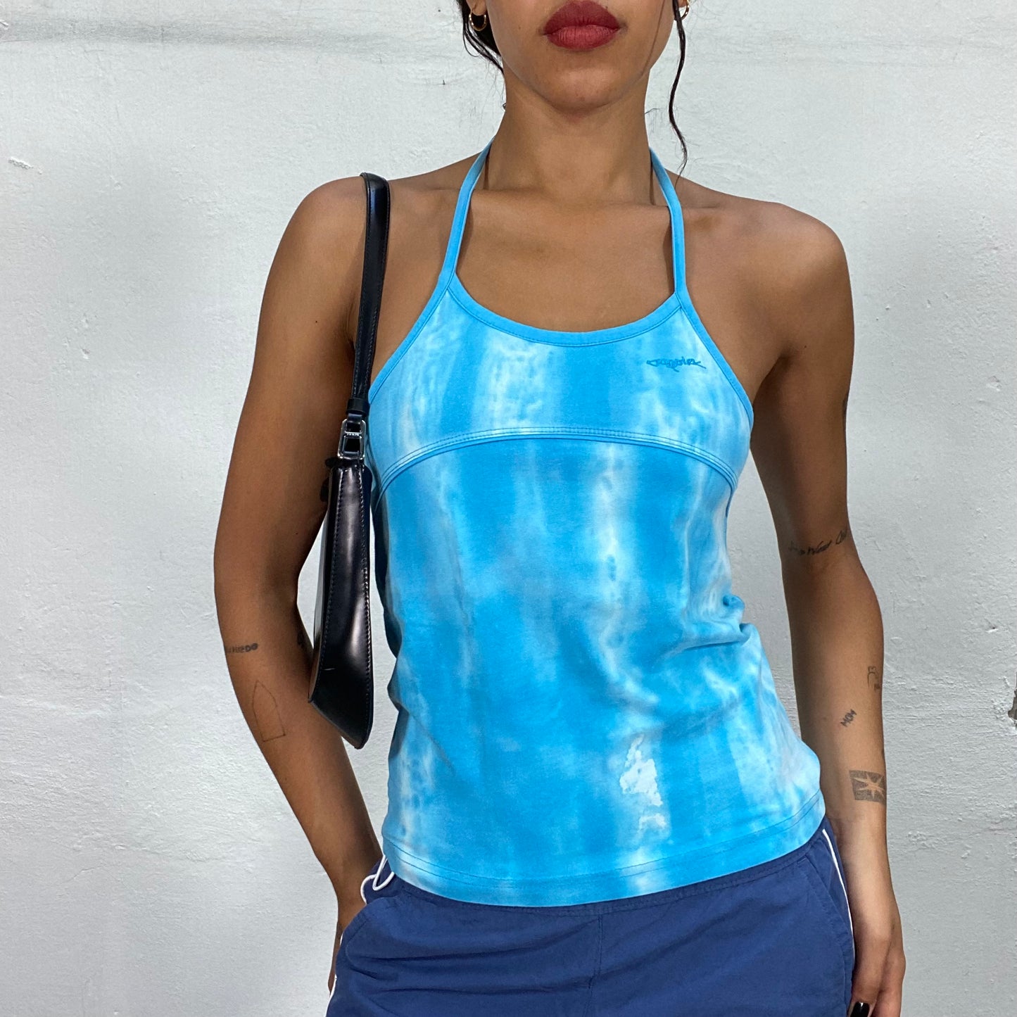 Vintage 2000's Sporty Aqua Blue Halter Top with Tie Dye Print (S)