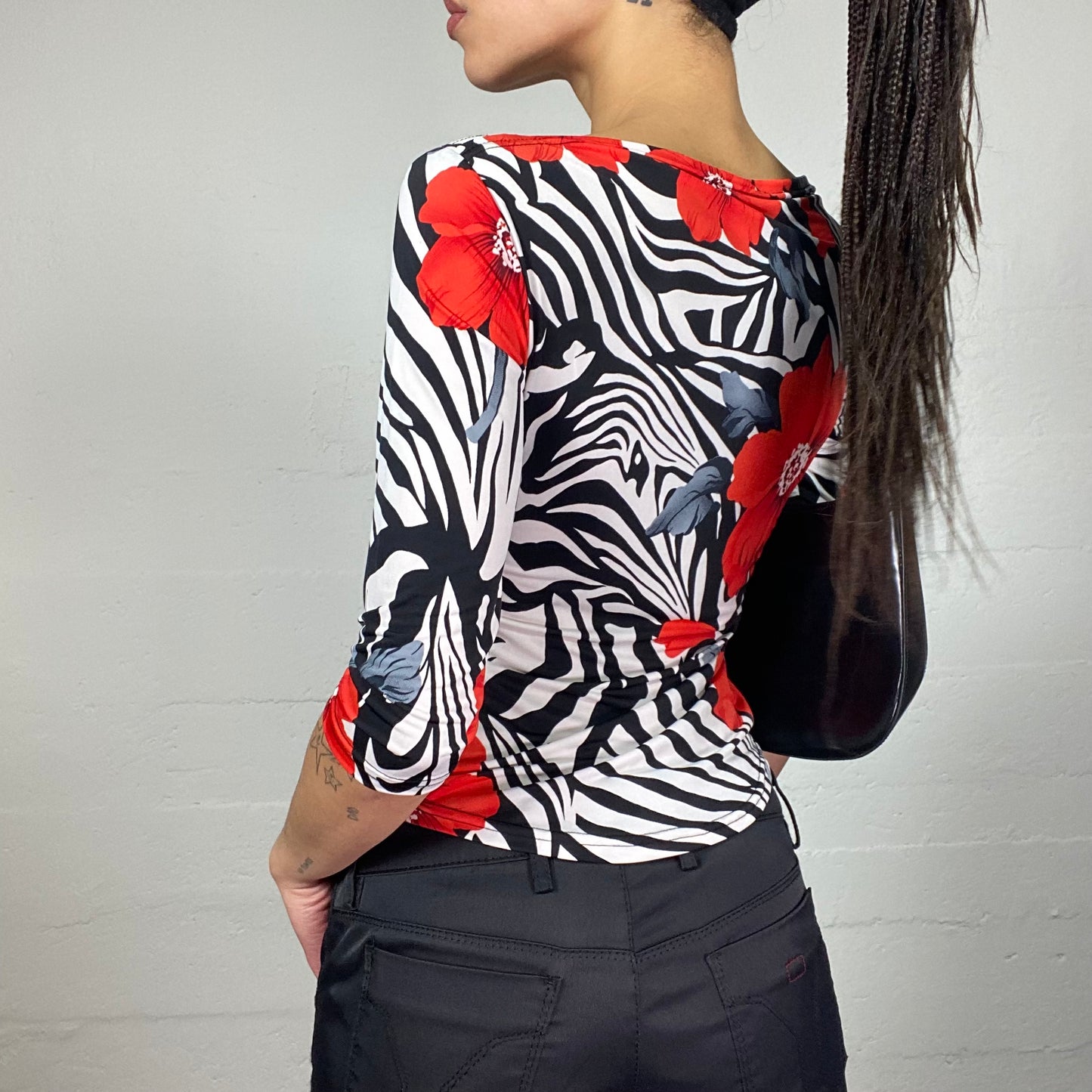 Vintage 2000's Romantic Girl White Zebra Print Top with Maxi Red Floral Print (S)