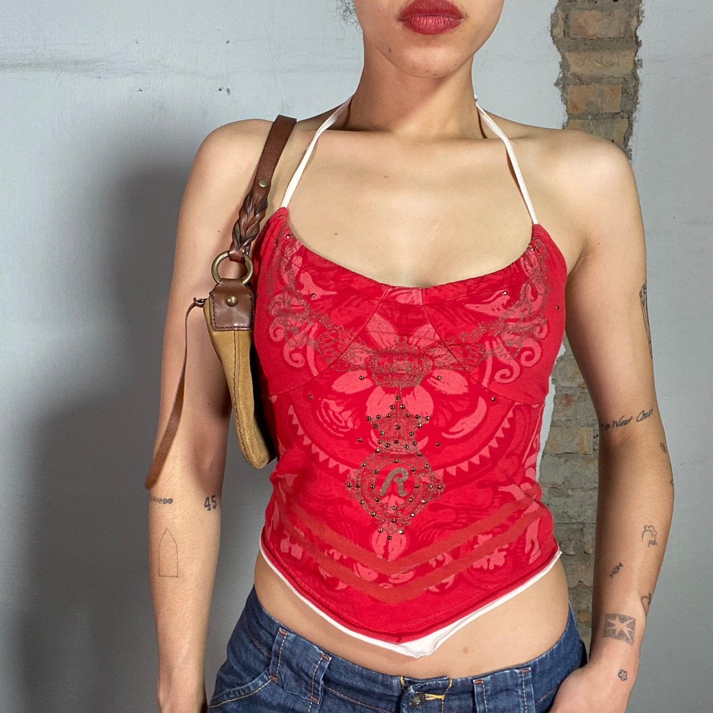 Vintage 2000's Replay Surfer Red Halter Neck Top with White Trim (XS)