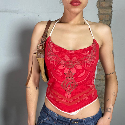 Vintage 2000's Replay Surfer Red Halter Neck Top with White Trim (XS)