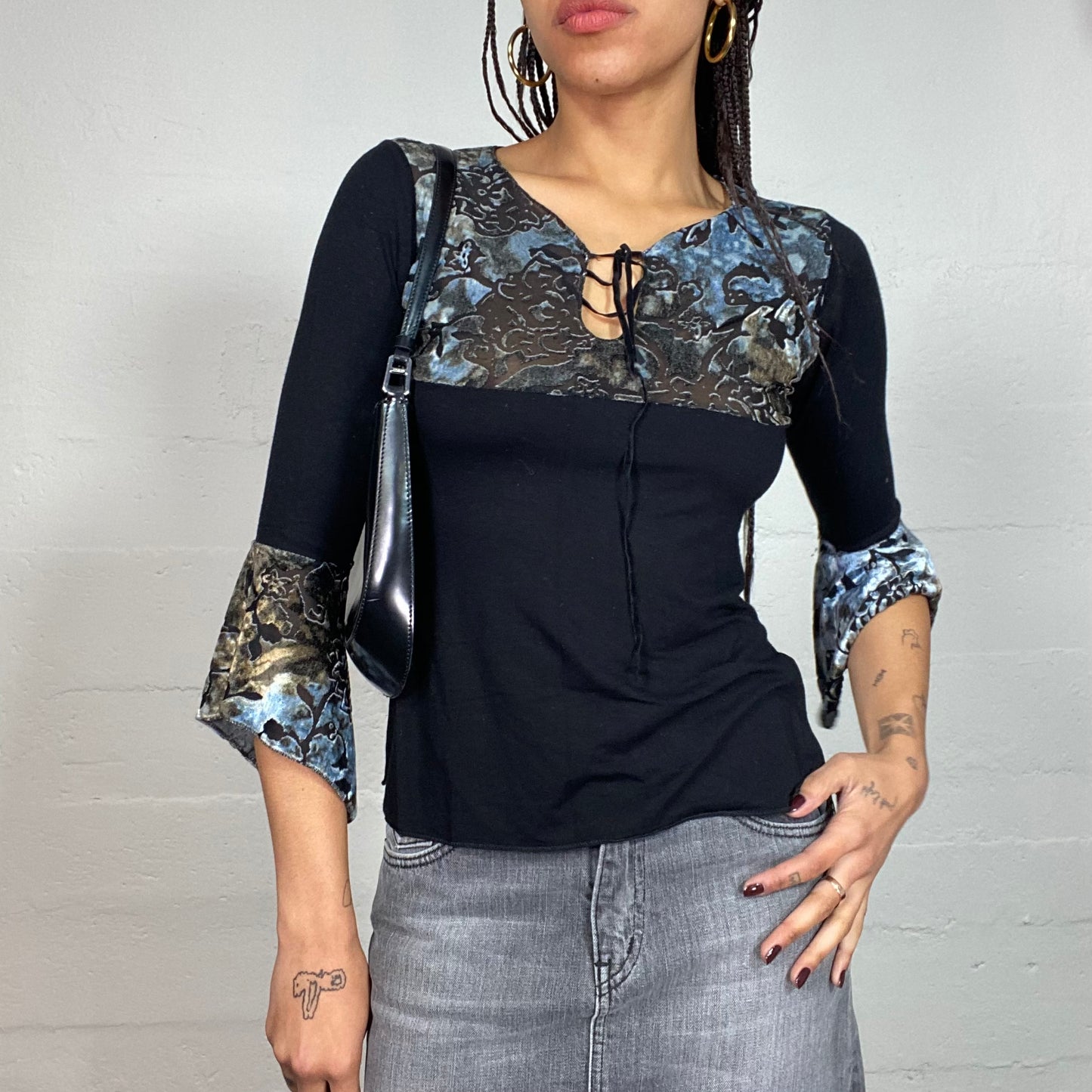 Vintage 2000's Indie Girl Black Longlseeve Top with Deep Blue Print (S)