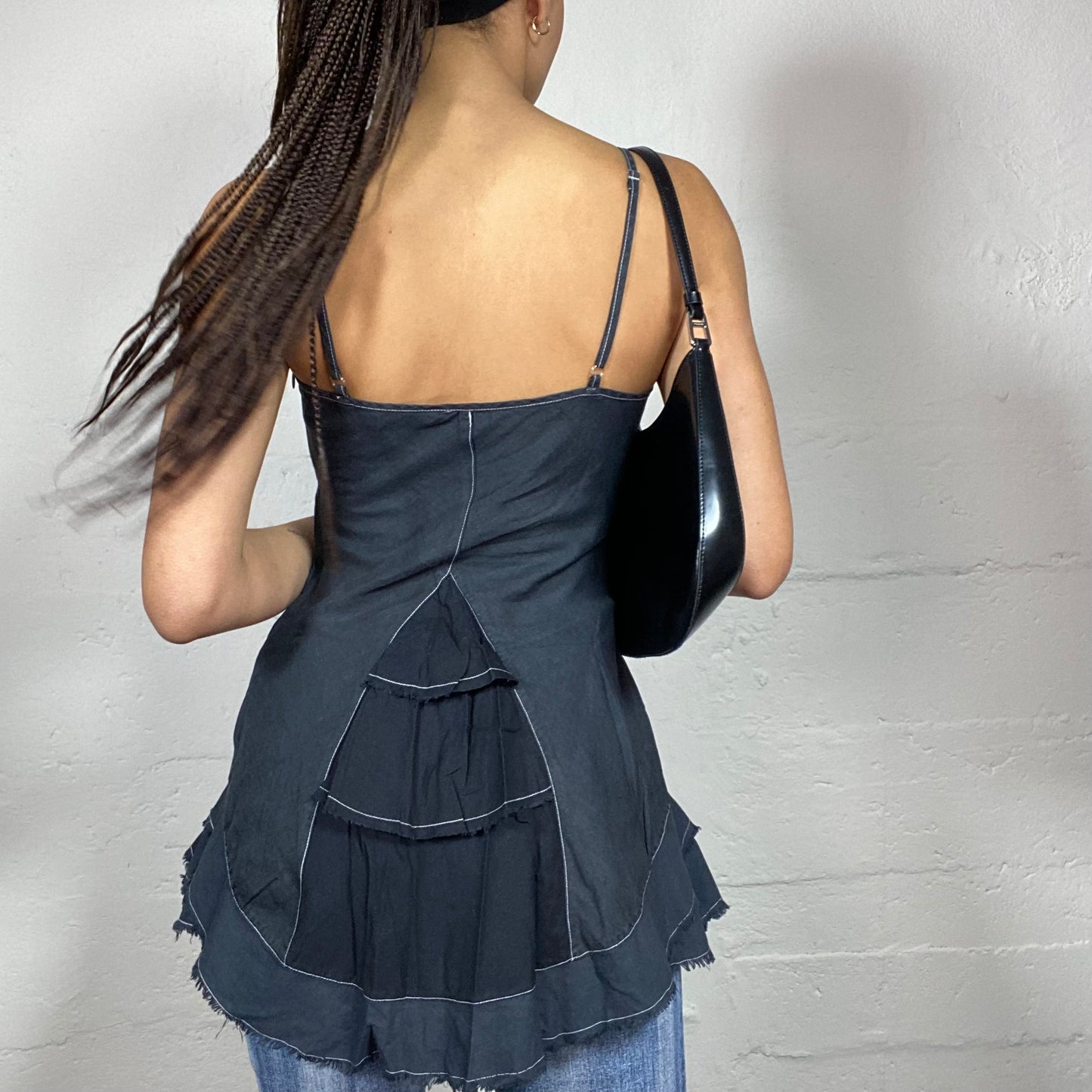 Vintage 90's Indie Girl Black Top with Frilled Bottom Detail (S)