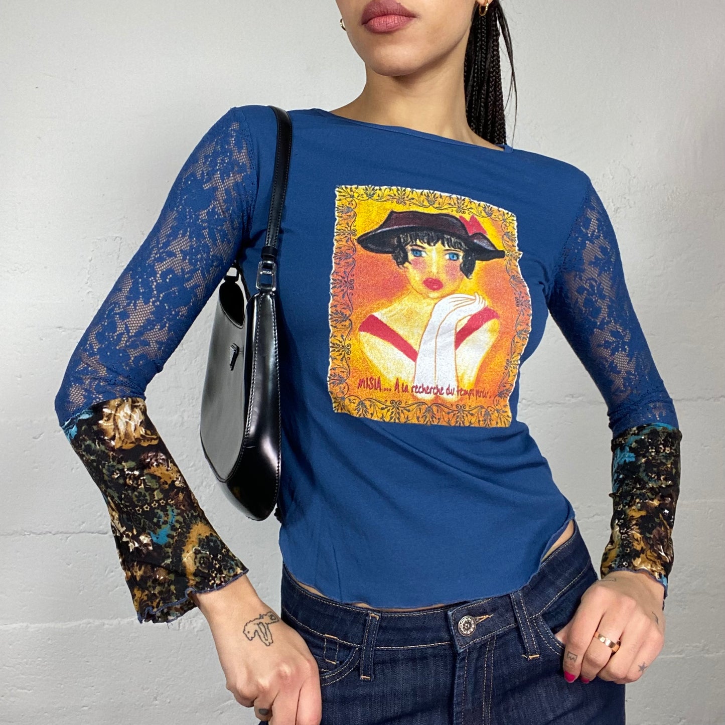 Vintage 90's Phoebe Buffay Blue See Through Lace Longsleeve Top with Girl Portrait Print Detail (S)