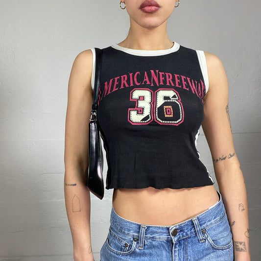 Vintage 2000's Sporty Black Top with "American Free Way" Print and White Side Trims Detail (S)