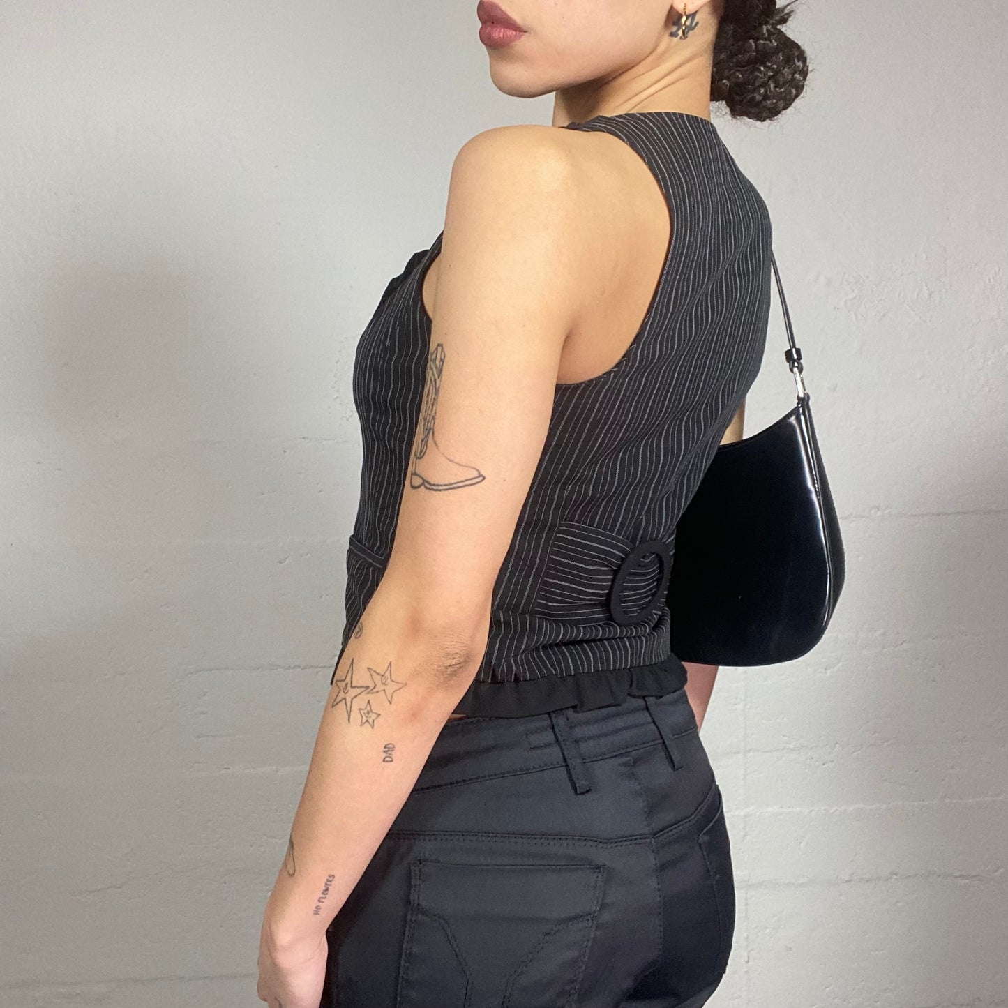 Vintage 2000's Corpcore Black Vest Top with Pinstripes Print and Frilled Collar Detail (S)