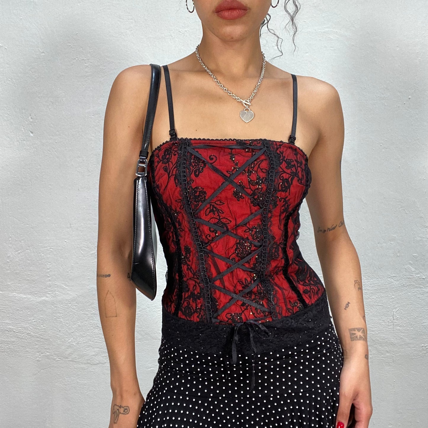 Vintage 90's Punky Black and Red Lace Top with Lace Up Detail (XS/S)