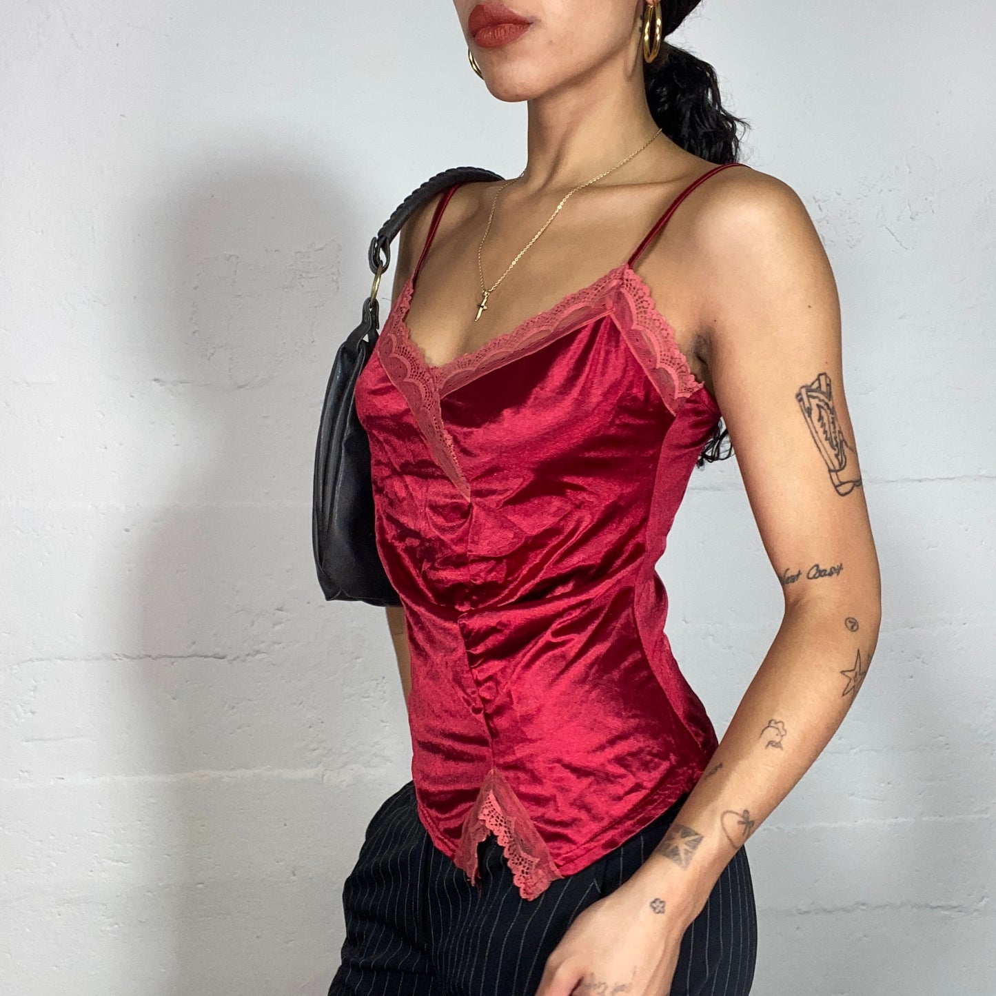 Vintage 90's Vampi Bordeaux Satin Top with Lace Trim Detail (S/M)