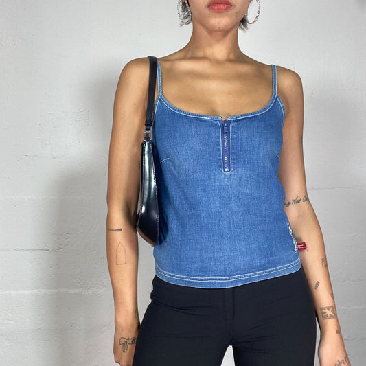 Vintage 90's Hippie Denim Top with Neck Zip and Character Detail (S/M)