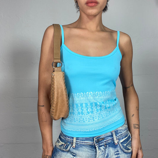 Vintage 2000's Downtown Girl Aqua Blue Top with Ethnic Print (S/M)