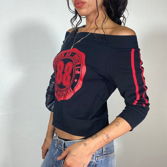 Vintage 2000's Sporty Black Off Shoulder Top with "North LA 88 Fire Department" Red Print (S/M)