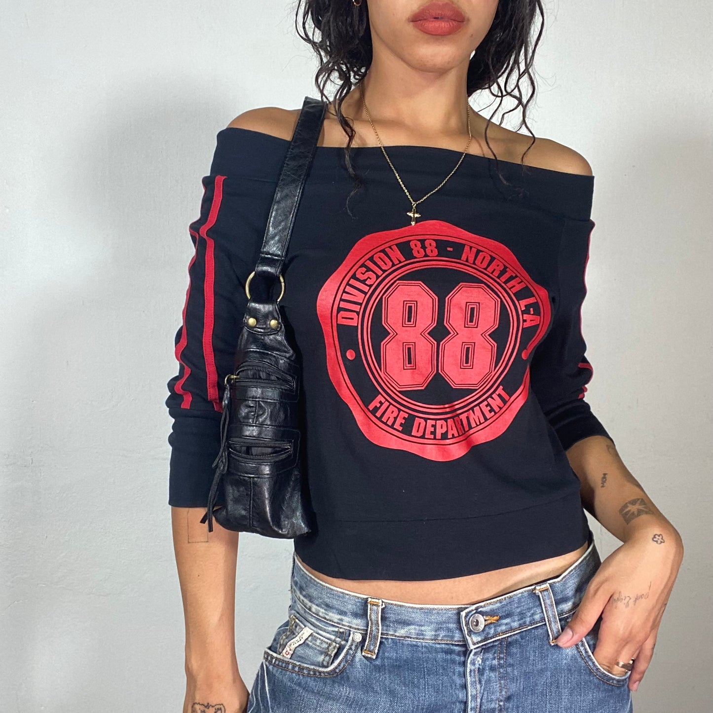 Vintage 2000's Sporty Black Off Shoulder Top with "North LA 88 Fire Department" Red Print (S/M)