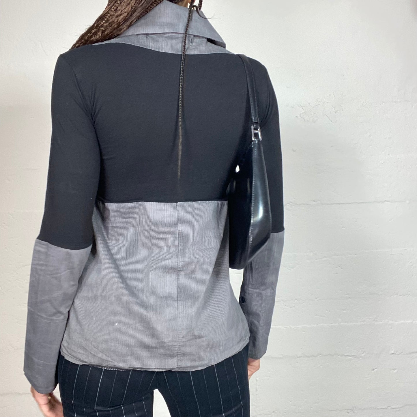Vintage 2000's Office Girl Black Longlseeve Top with Layered Grey Shirt Underneath (M)