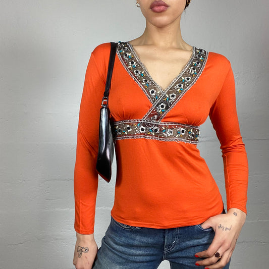 Vintage 90's Phoebe Buffay Orange Longsleeve Top with Floral Embroidery Detail (S)