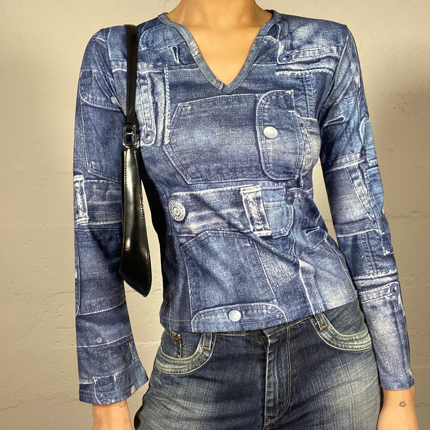 Vintage 2000's Downtown Girl Blue Longsleeve Top with Faux Denim Print (M)