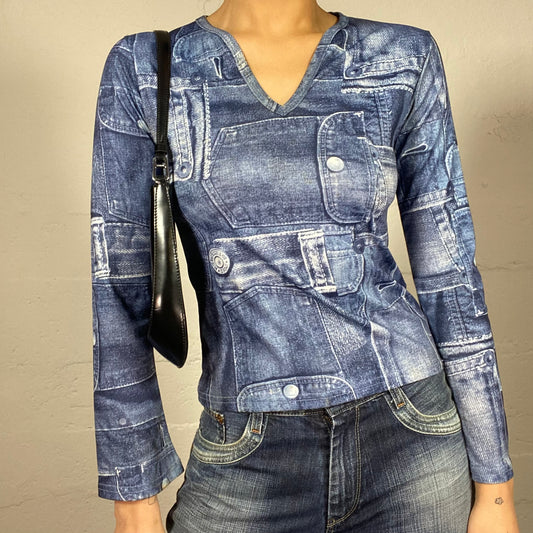 Vintage 2000's Downtown Girl Blue Longsleeve Top with Faux Denim Print (M)