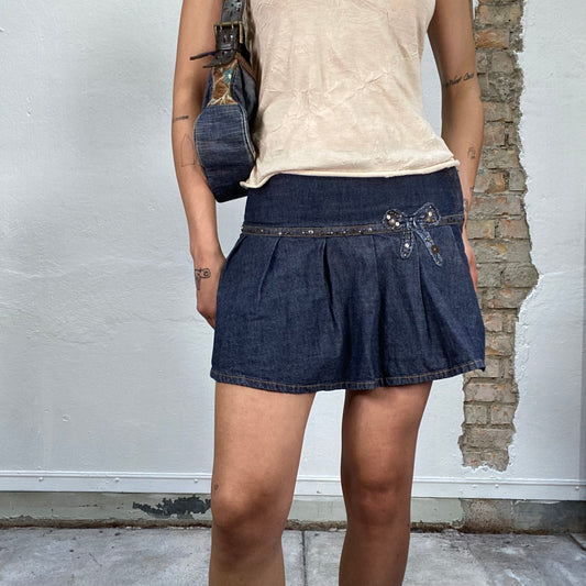 Vintage 2000's Soft Girl Mini Dark Denim Skirt with Sequin Bow Detail (S)