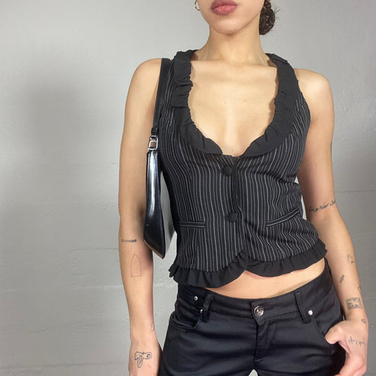 Vintage 2000's Corpcore Black Vest Top with Pinstripes Print and Frilled Collar Detail (S)