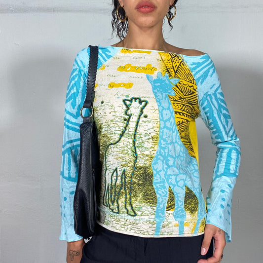 Vintage 90's Phoebe Buffay-Inspired Blue and Yellow Giraffe Print Longsleeve Top (S/M)