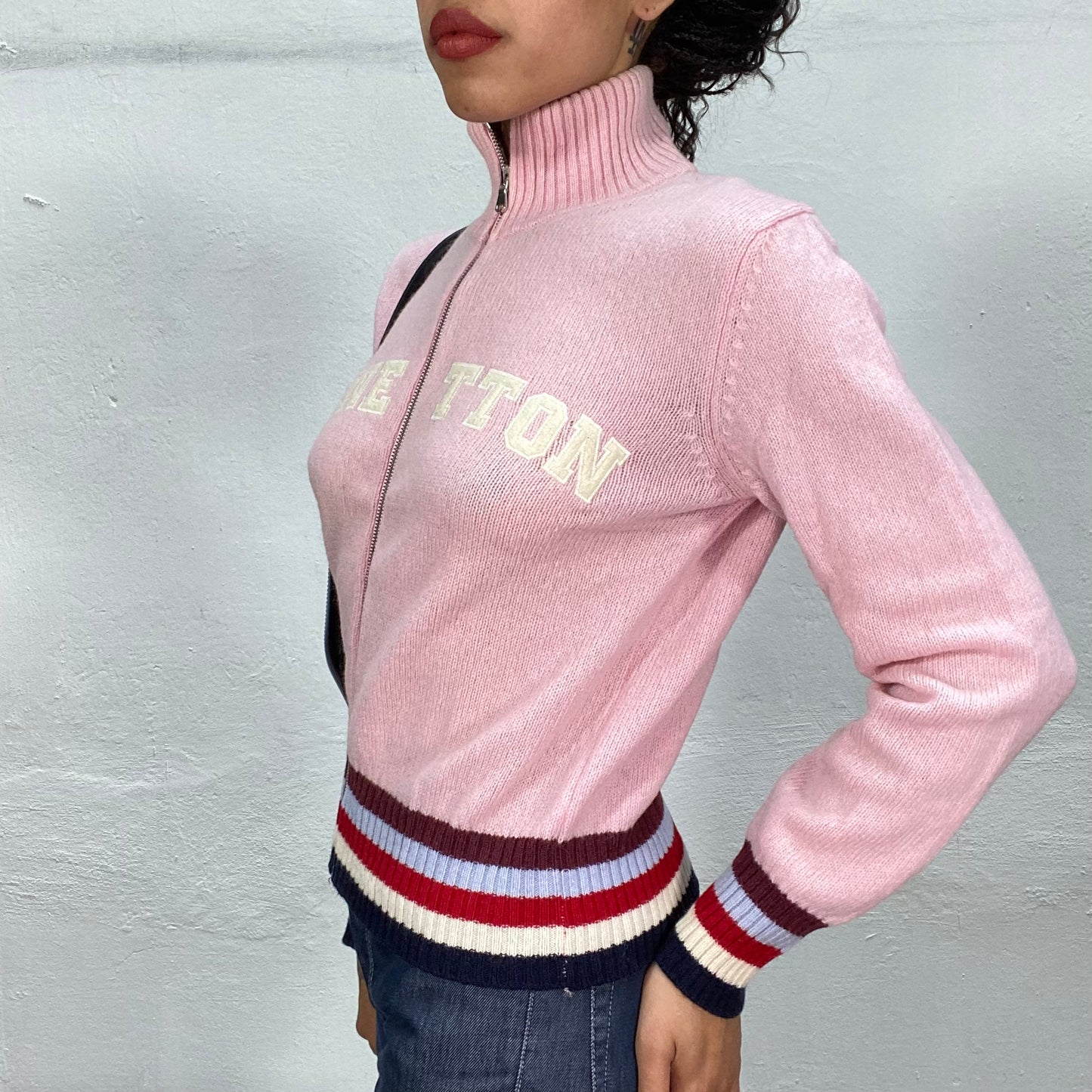 Vintage 90's Benetton Sporty Pink Zip Up Sweater with Logo Print (S/M)