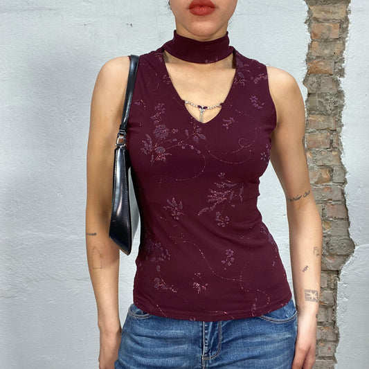 Vintage 2000's Downtown Girl Dark Red Floral top with Rhinestone Necklace Detail (S)