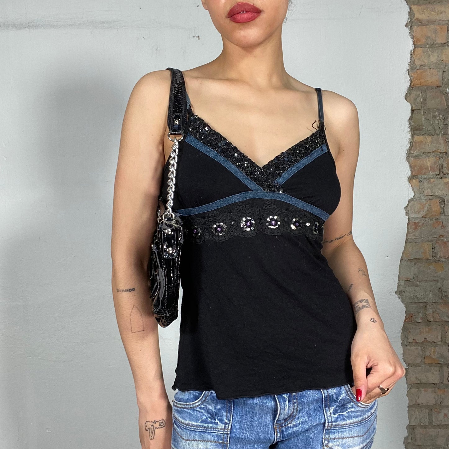 Vintage 90's Indie Black Cami Tops with Lace and Sequin Details (S/M)