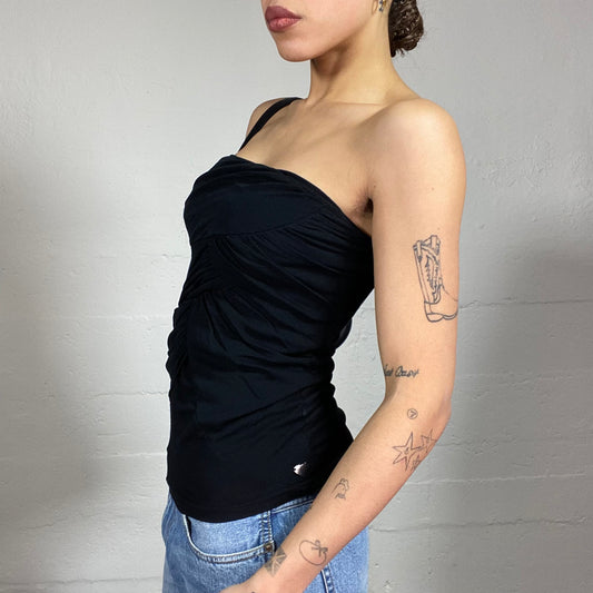 Vintage 2000's Clubwear Black Strapless Tube Top with Ruched Detail (S)