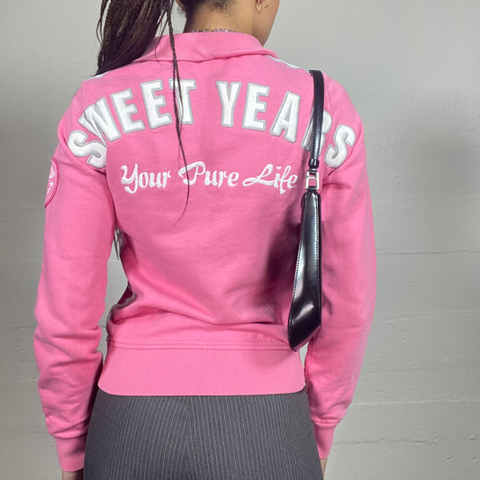 Vintage 2000's Downtown Girl Pink Zip-Up Hoodie with "Sweet Years Your Pure Life" Embroidered Print (S)