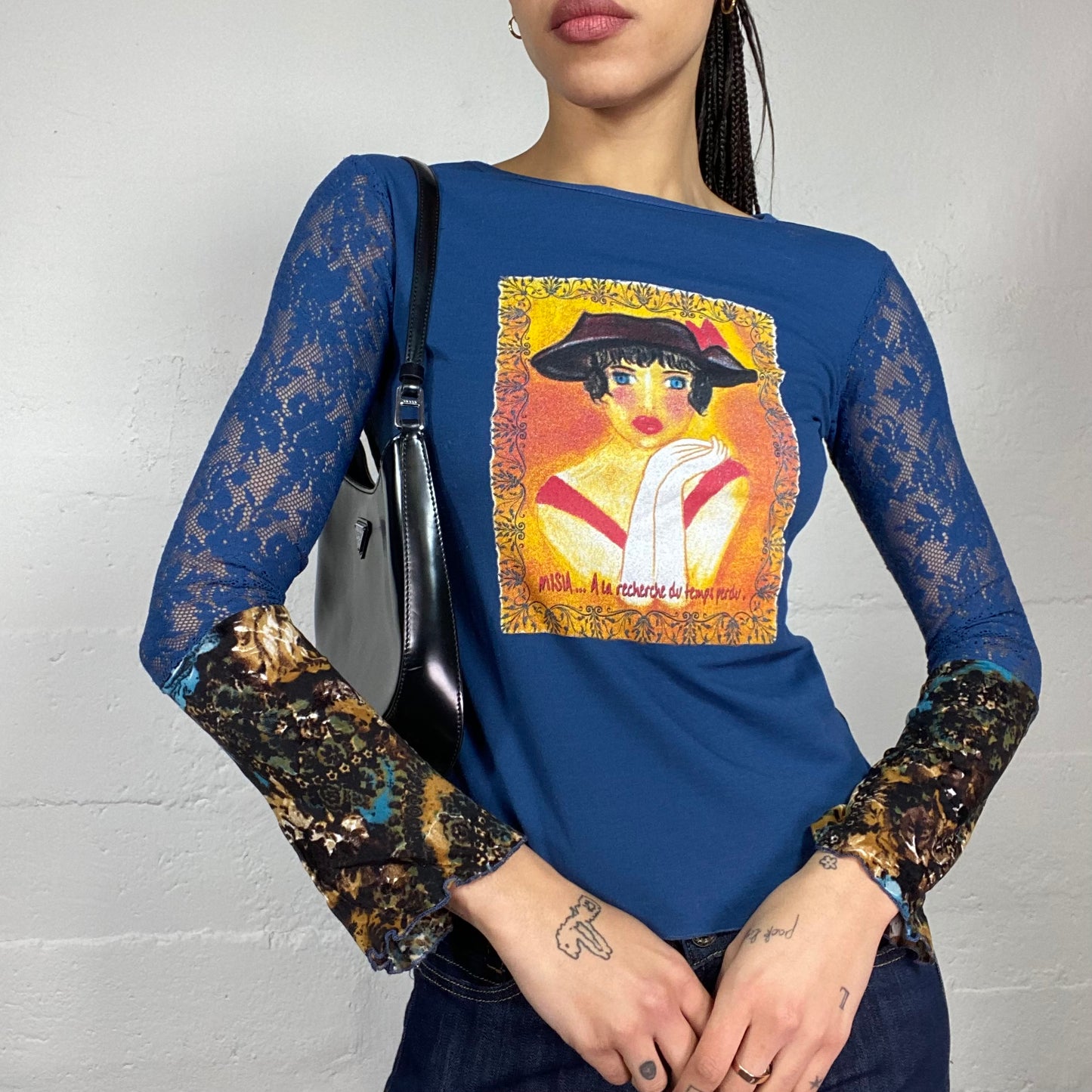 Vintage 90's Phoebe Buffay Blue See Through Lace Longsleeve Top with Girl Portrait Print Detail (S)