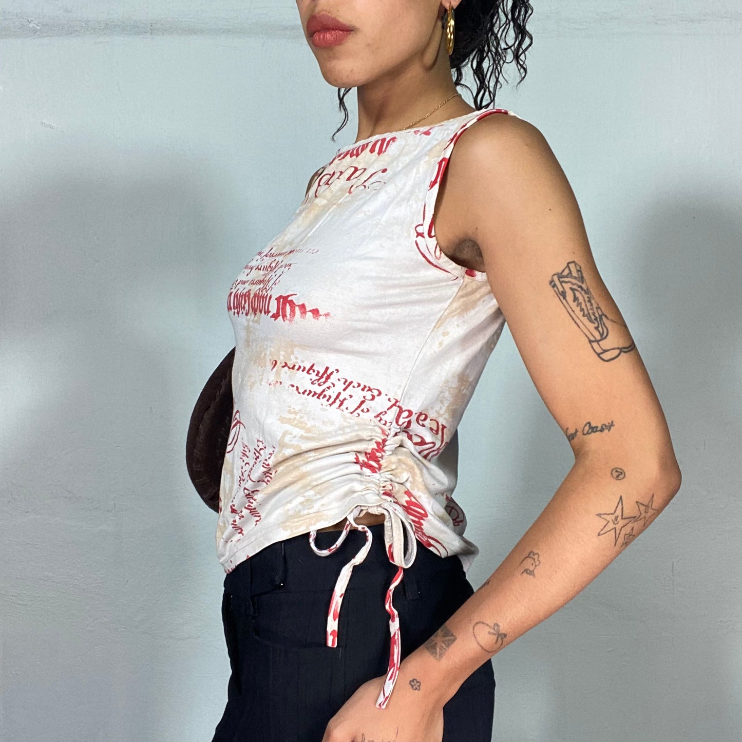 Vintage 2000's Downtown Girl White Top with Red Typography Print (S)