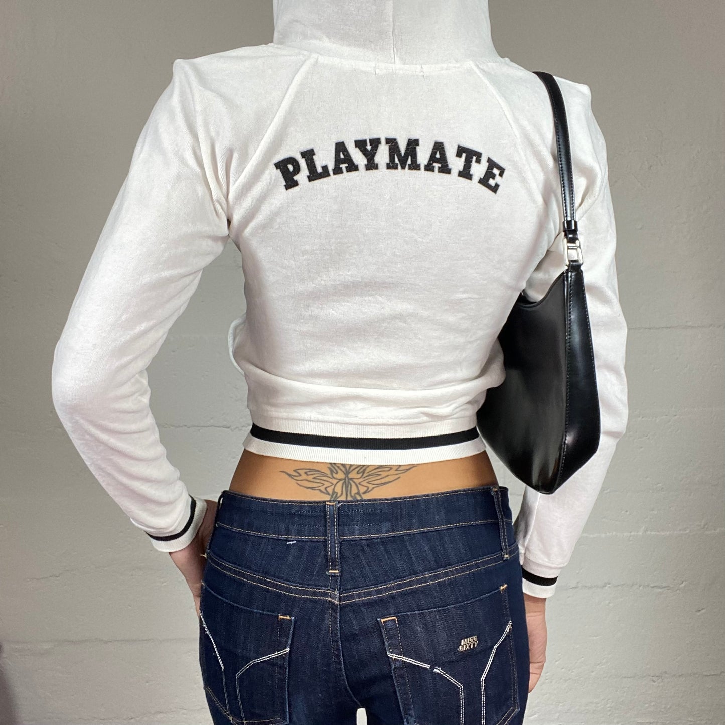 Vintage 2000's Playboy Downtown Girl White Zip-Up Hoodie with Black Brand Print (S)