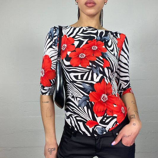 Vintage 2000's Romantic Girl White Zebra Print Top with Maxi Red Floral Print (S)