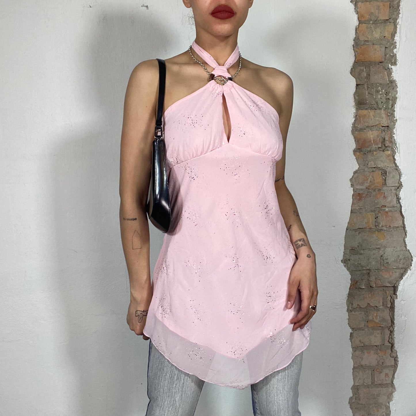 Vintage 2000's Indie Pink Halter Neck Long Mesh Top with Ring Detail (S)