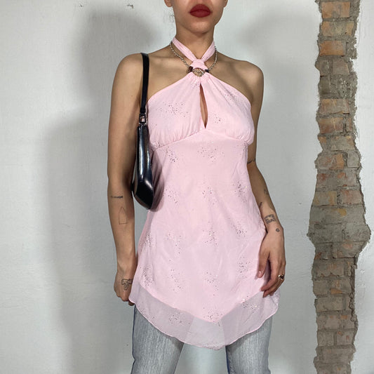 Vintage 2000's Indie Pink Halter Neck Long Mesh Top with Ring Detail (S)