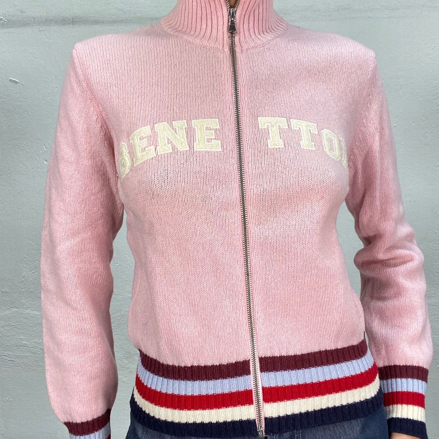 Vintage 90's Benetton Sporty Pink Zip Up Sweater with Logo Print (S/M)