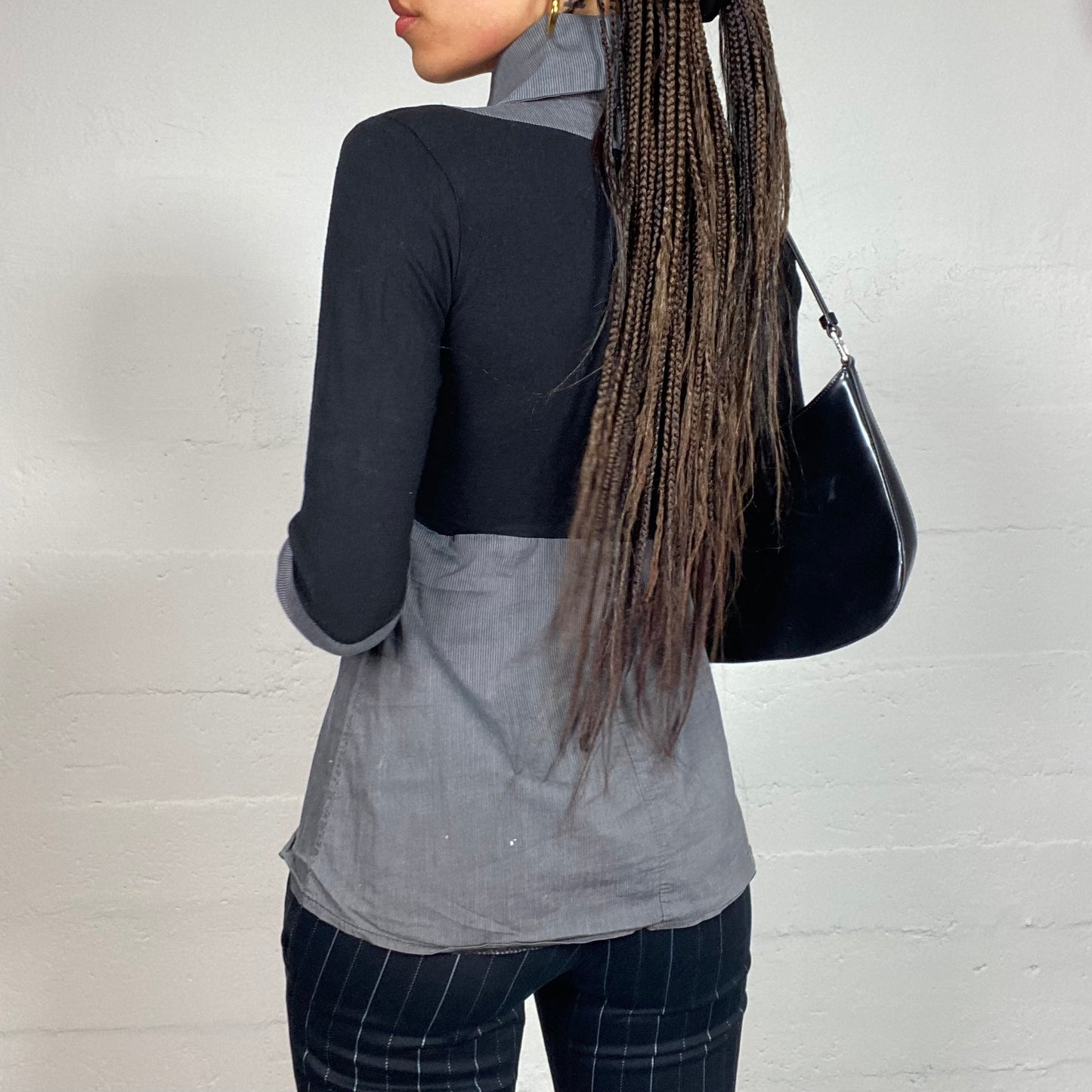 Vintage 2000's Office Girl Black Longlseeve Top with Layered Grey Shirt Underneath (M)